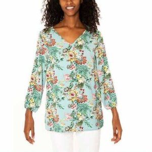 NWT Mario Serrani Women 3/4 Sleeve V-Neck Tunic Top Blue Floral Sz M $60 VV039